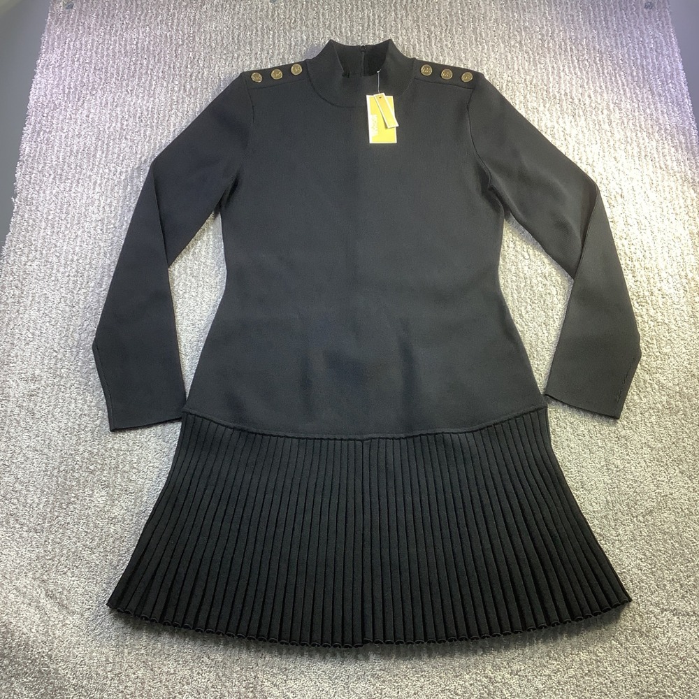 Michael‎ Kors Womens Black Pleated Drop Waist Dress Mock Neck Size XL NWT